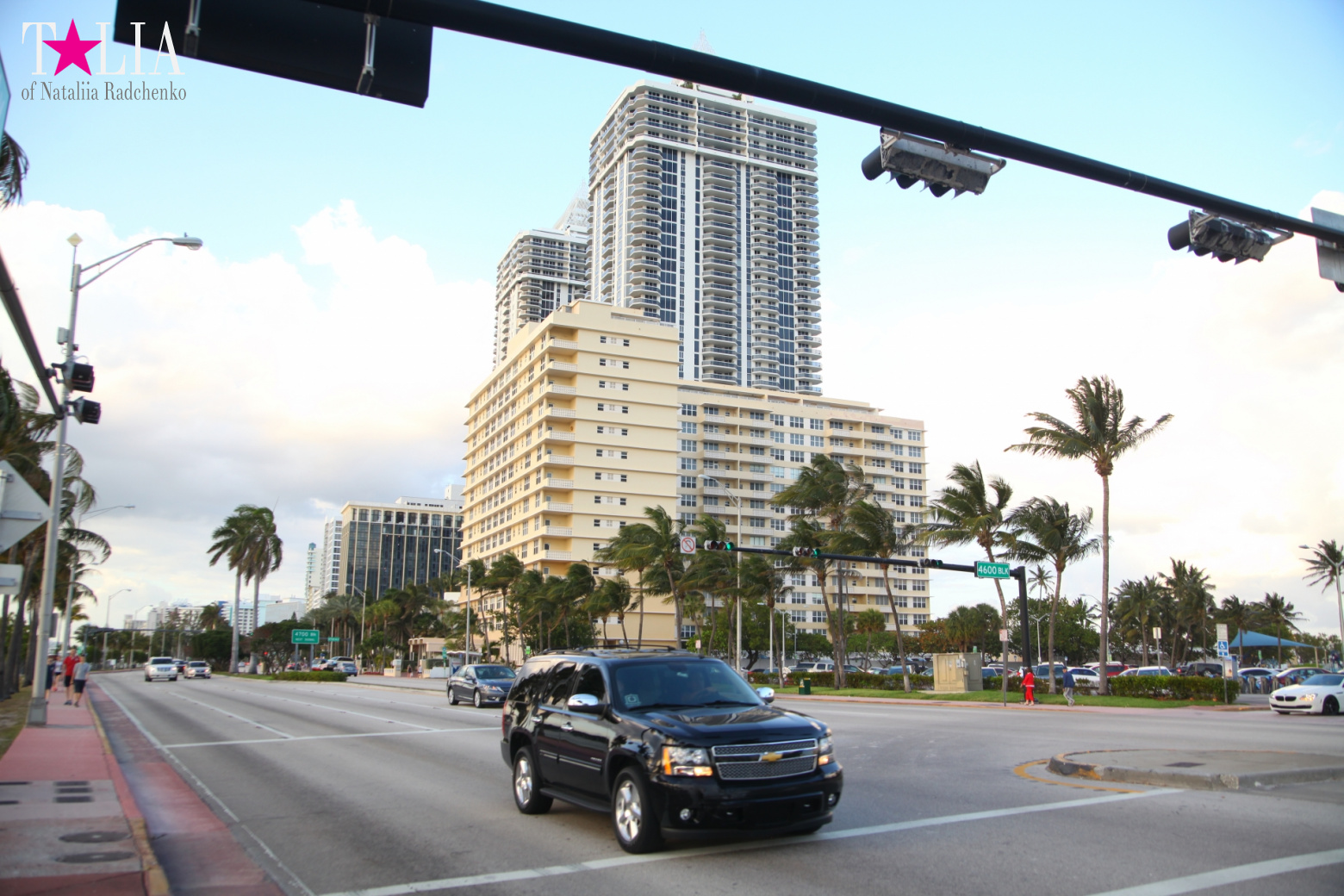 Yachts, Palms, Bay - The promenade of Middle Miami Beach, Collins Avenue